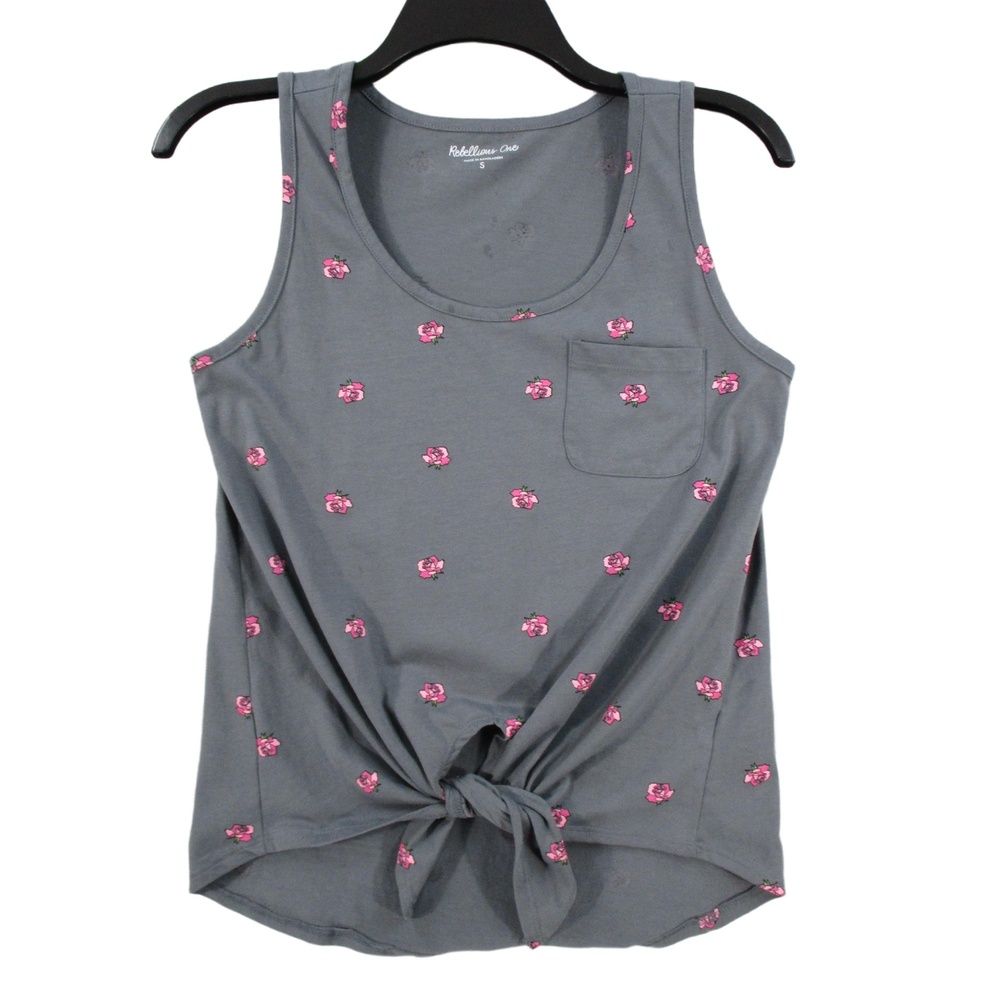 Rebellious One Grey Pink Rose Print Tie‎ Front Casual Floral Tank Top Size S